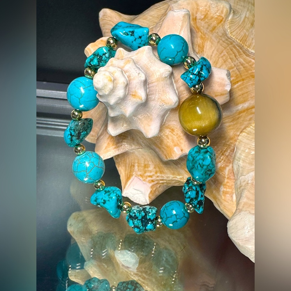 YELLOW  TIGERS EYE  + TURQUOISE NATURAL BRACELET SIZE 7”